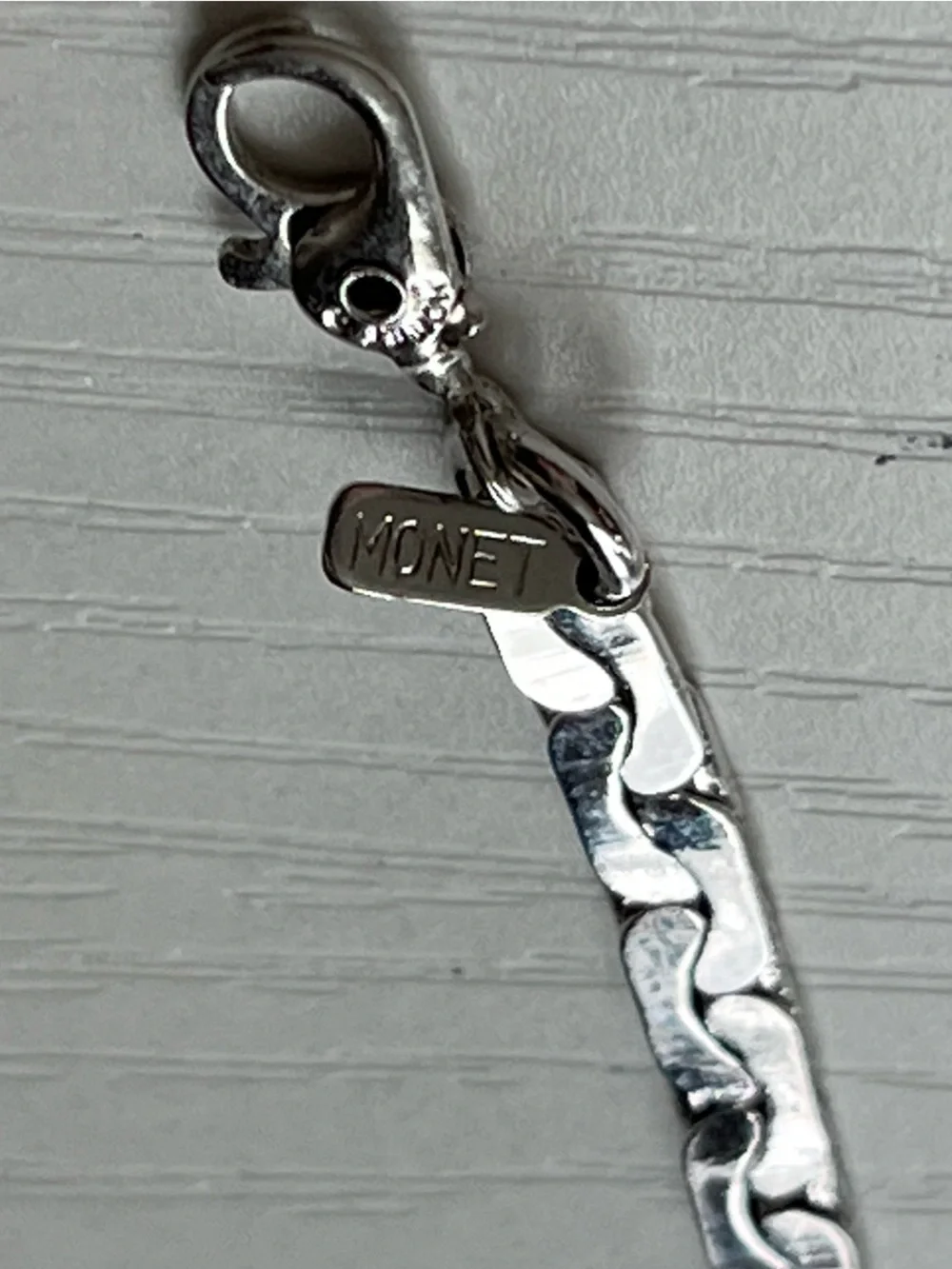 Vintage Monet Silver Tone ID Bar Flat Link Chain Bracelet Signed